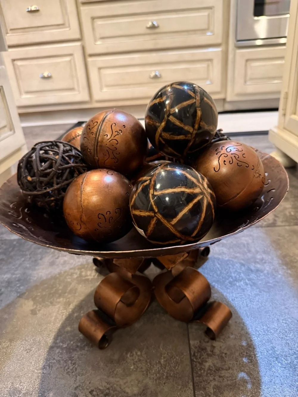 Hammered Copper Decorative Bowl Filler Balls, Black Bamboo & Wrapped Vines Orbs